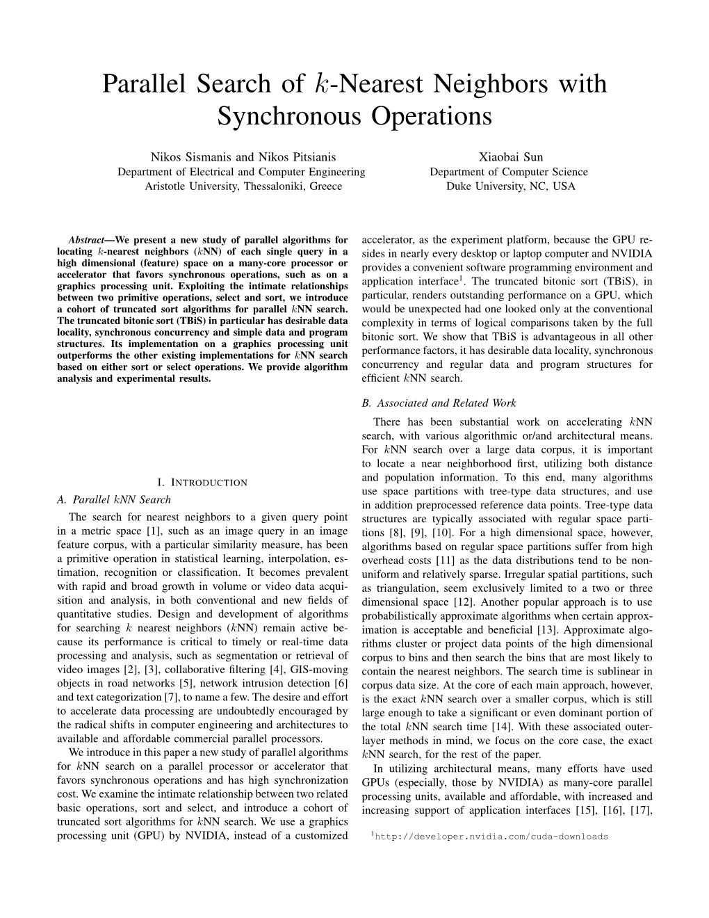 Parallel Search of K-Nearest Neighbors with Synchronous Operations