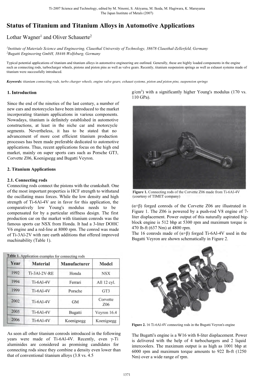 Status of Titanium and Titanium Alloys in Automotive Applications