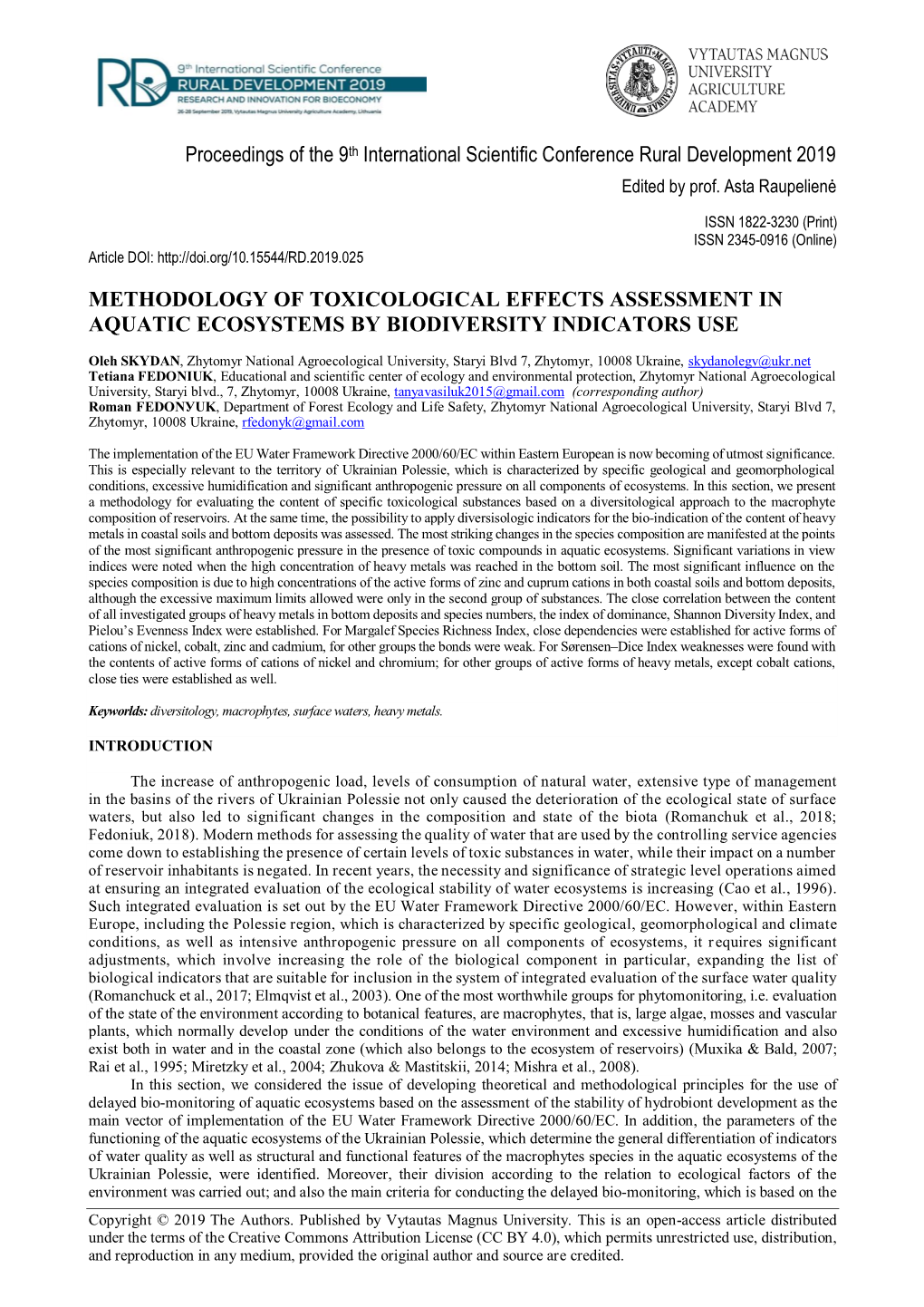 Proceedings of the 9Th International Scientific Conference Rural Development 2019 Edited by Prof