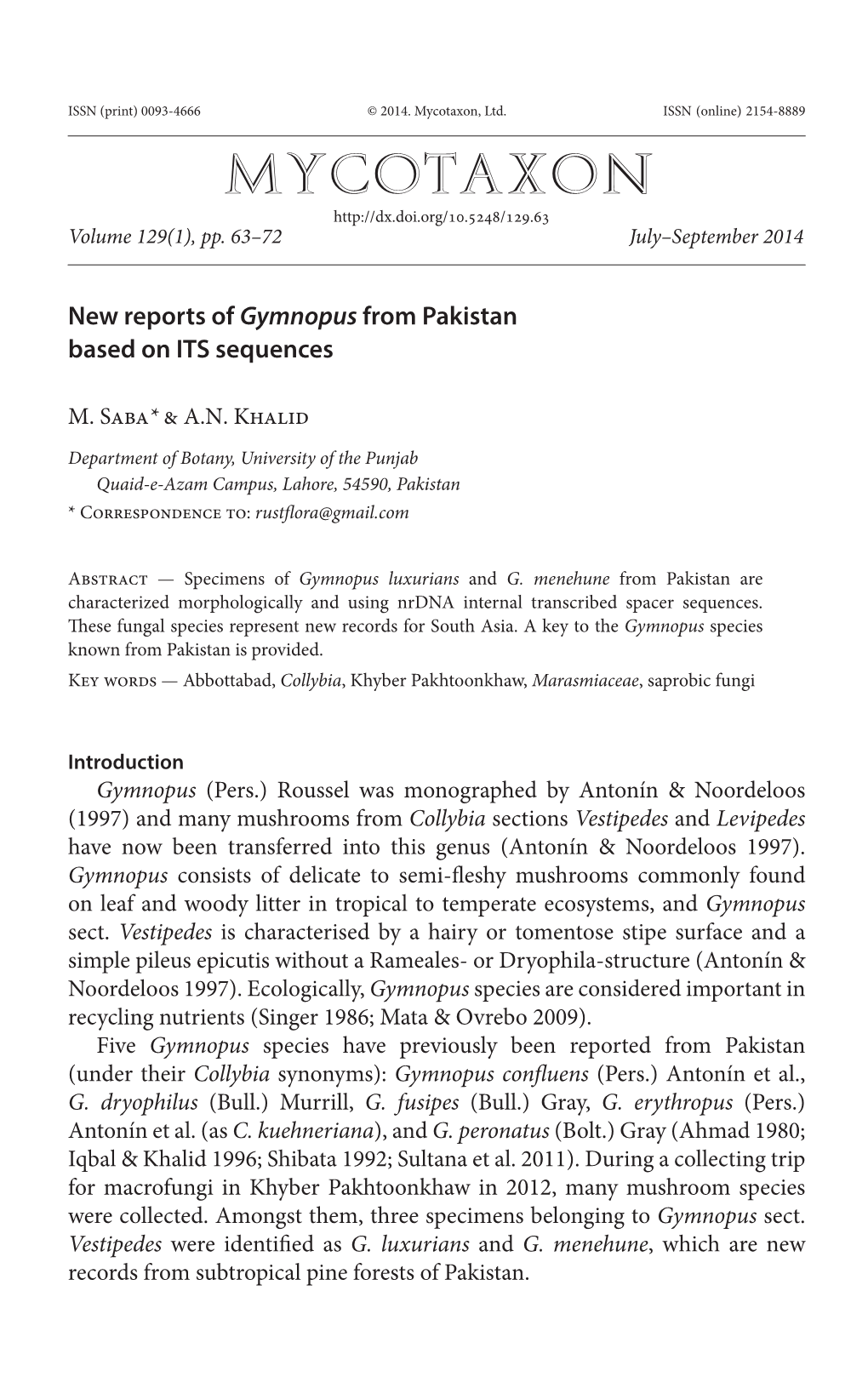 <I>Gymnopus</I> from Pakistan Based on ITS