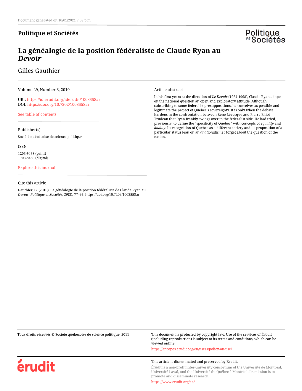 La Généalogie De La Position Fédéraliste De Claude Ryan Au Devoir Gilles Gauthier