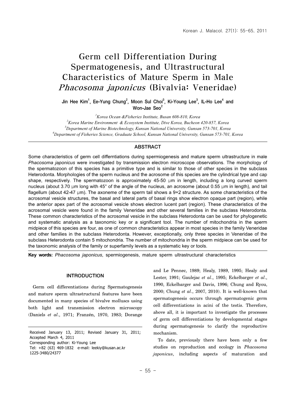 Germ Cell Differentiation During Spermatogenesis, and Ultrastructural Characteristics of Mature Sperm in Male Phacosoma Japonicus (Bivalvia: Veneridae)