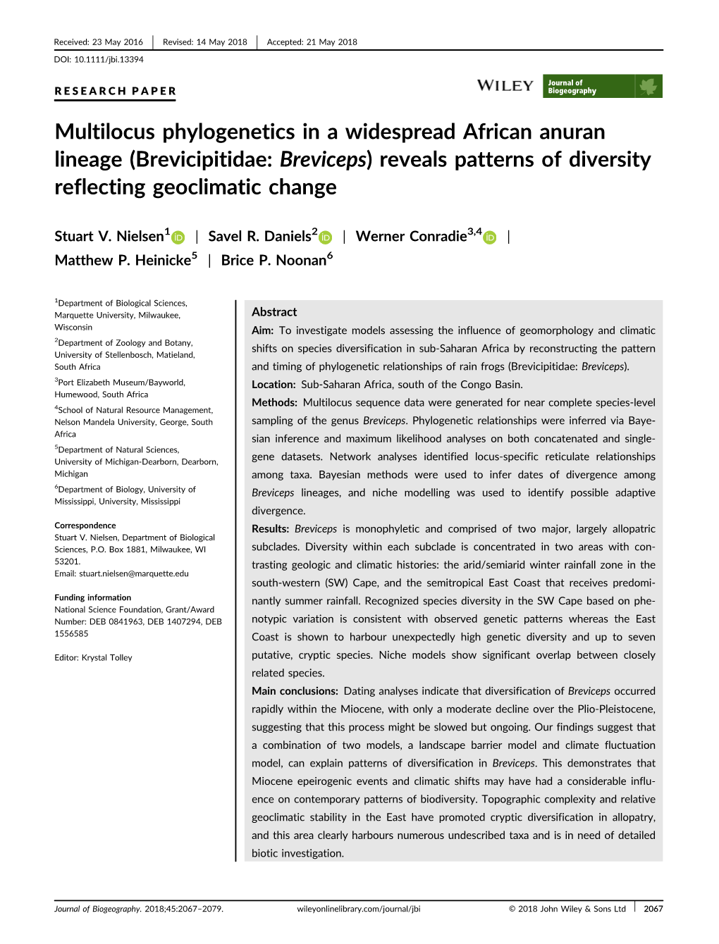 Brevicipitidae: Breviceps) Reveals Patterns of Diversity Reflecting Geoclimatic Change