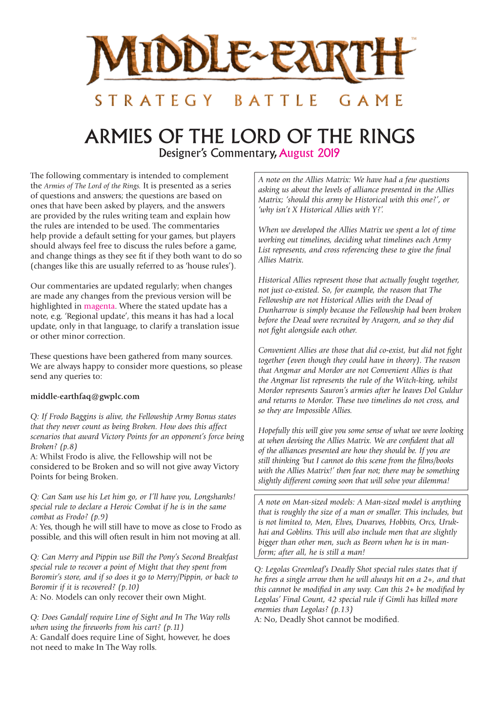 ARMIES of the LORD of the RINGS Designer’S Commentary, August 2019