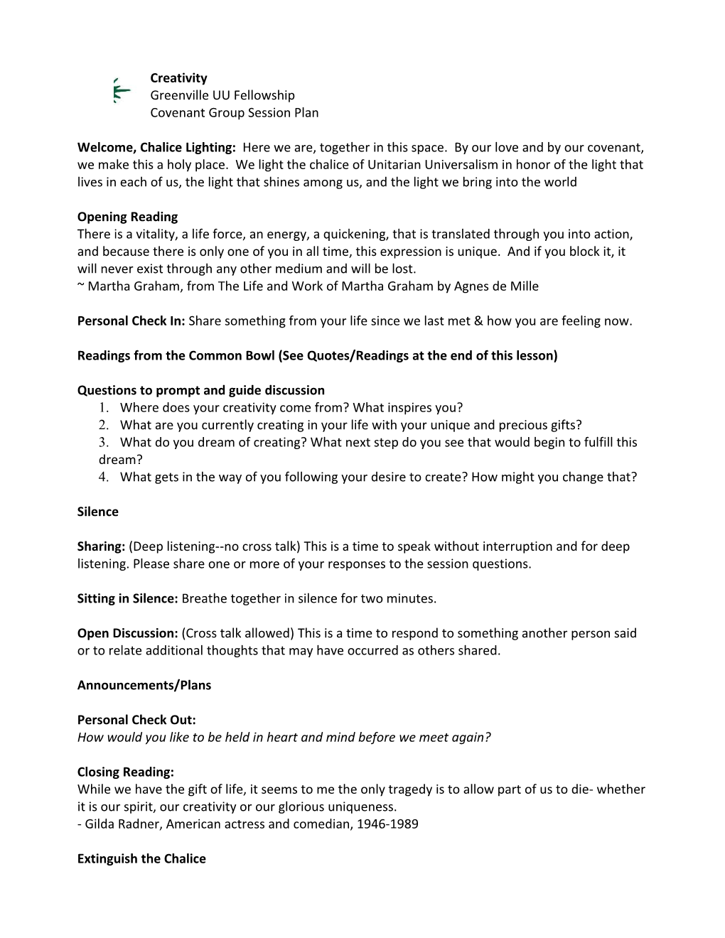 Covenant Group Session Plan