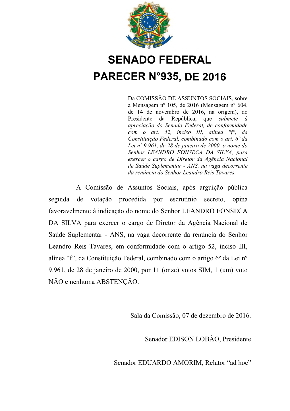 Senado Federal Parecer N°935, De 2016