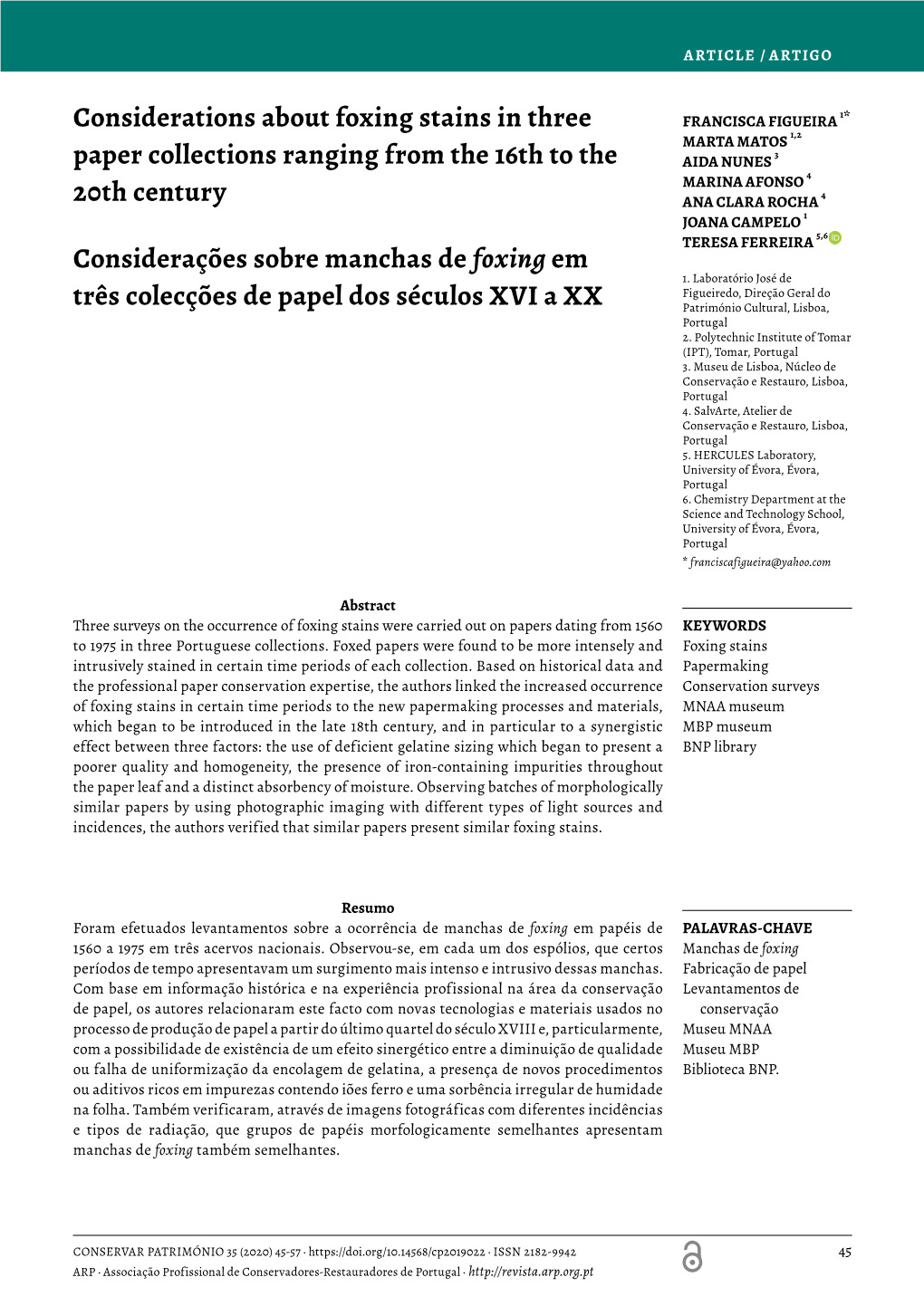 Considerations About Foxing Stains in Three Paper Collections Ranging from the 16Th to the 20Th Century