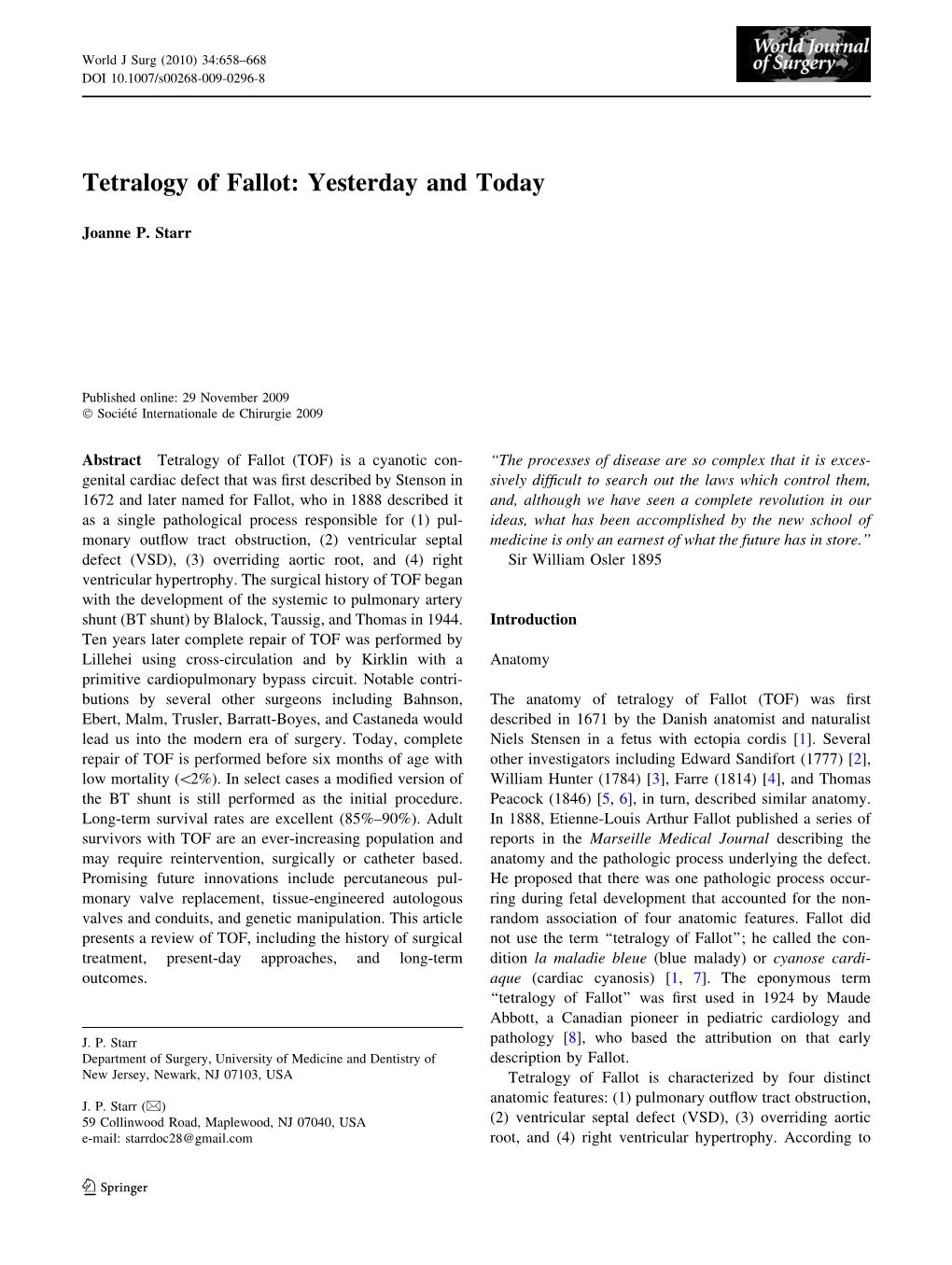 Tetralogy of Fallot: Yesterday and Today