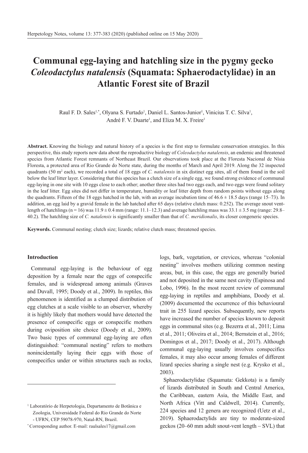 Communal Egg-Laying and Hatchling Size in the Pygmy Gecko Coleodactylus Natalensis (Squamata: Sphaerodactylidae) in an Atlantic Forest Site of Brazil