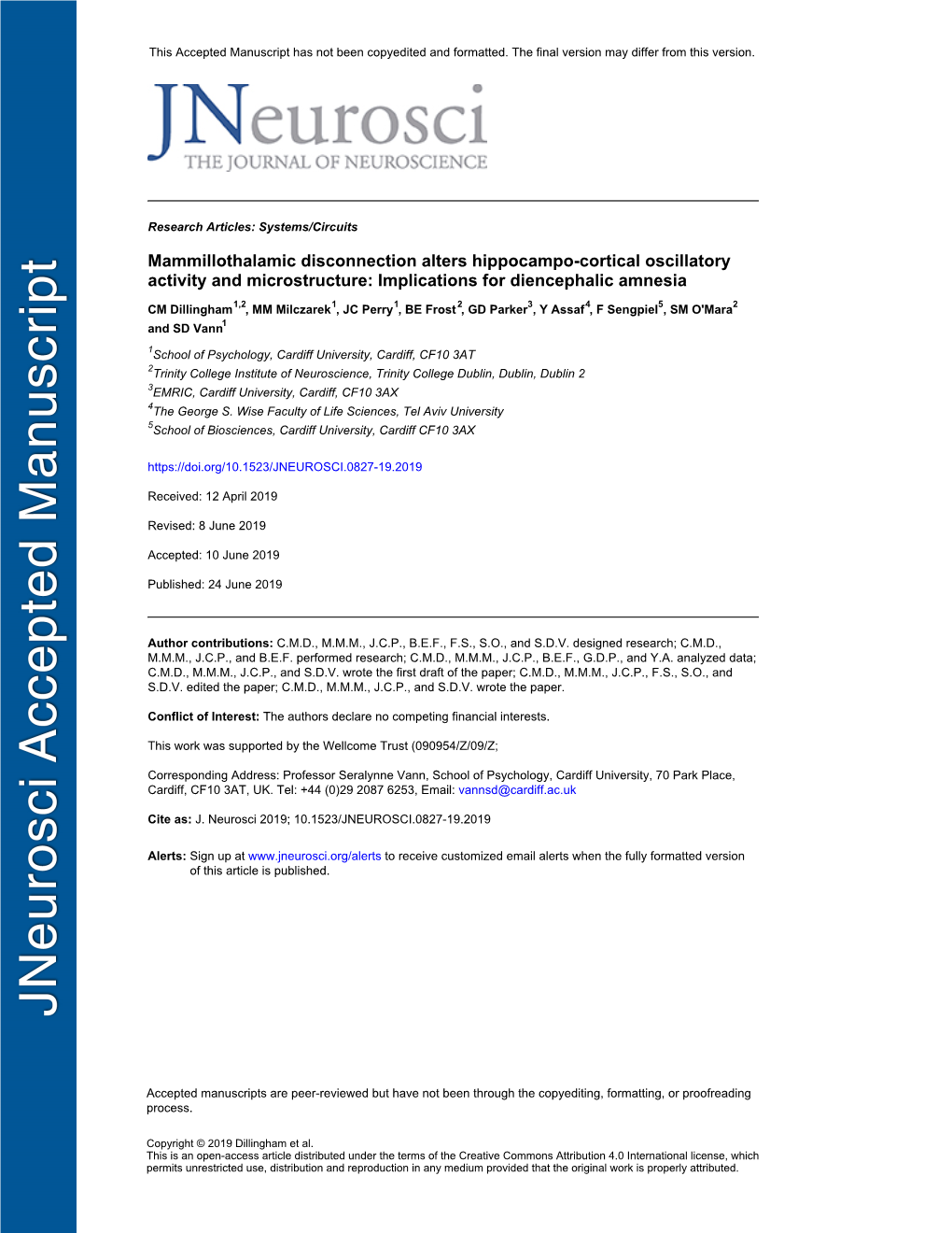 Mammillothalamic Disconnection Alters Hippocampo-Cortical Oscillatory Activity and Microstructure: Implications for Diencephalic Amnesia