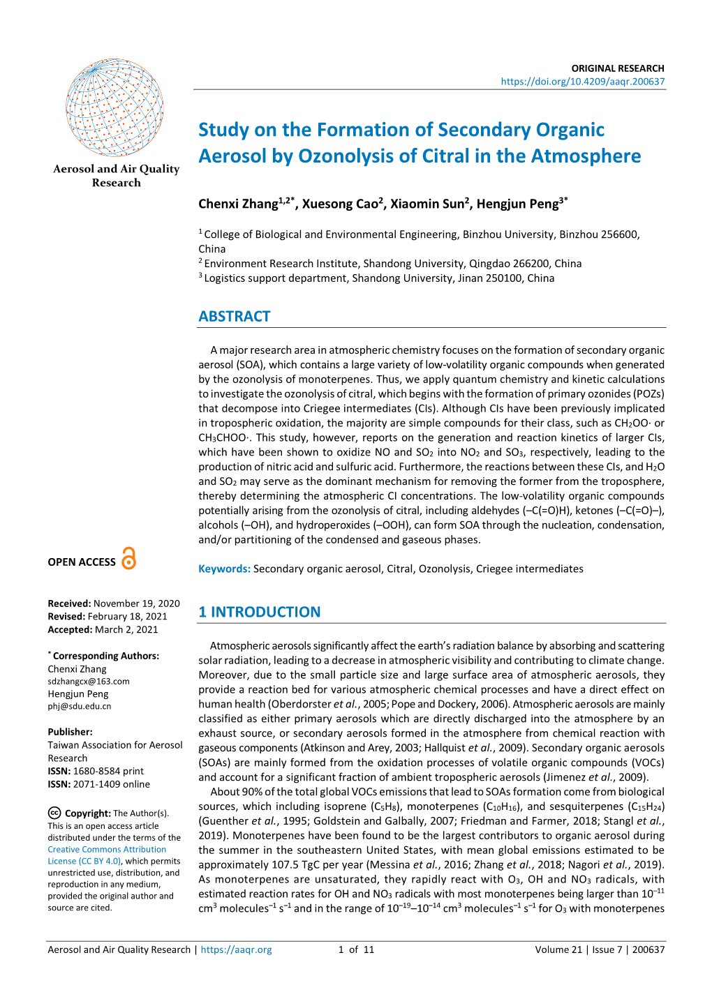 Study on the Formation of Secondary Organic Aerosol by Ozonolysis Of