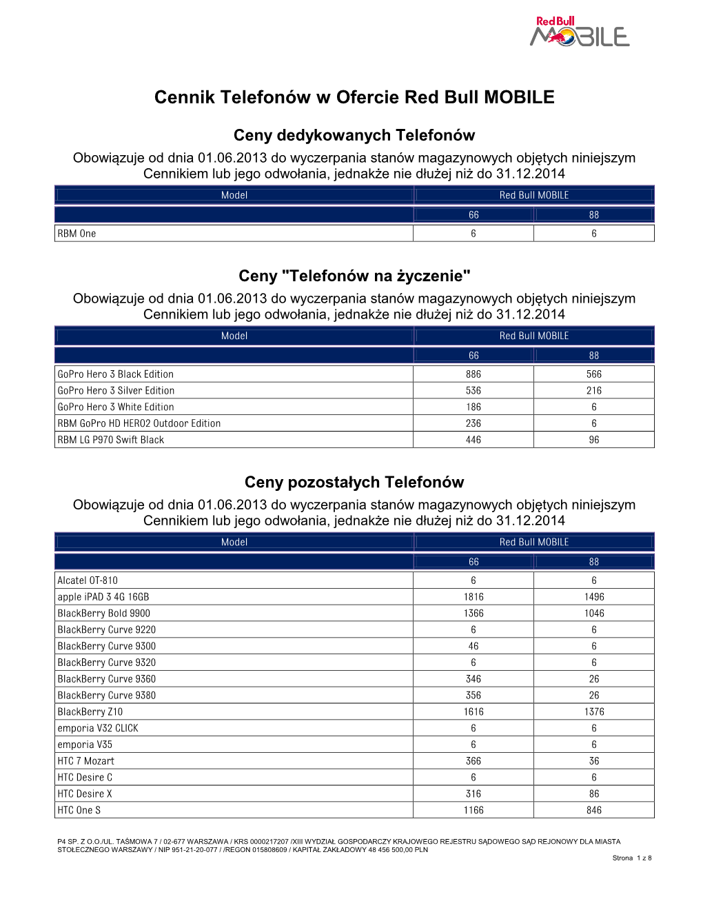 Cennik Telefonów W Ofercie Red Bull MOBILE