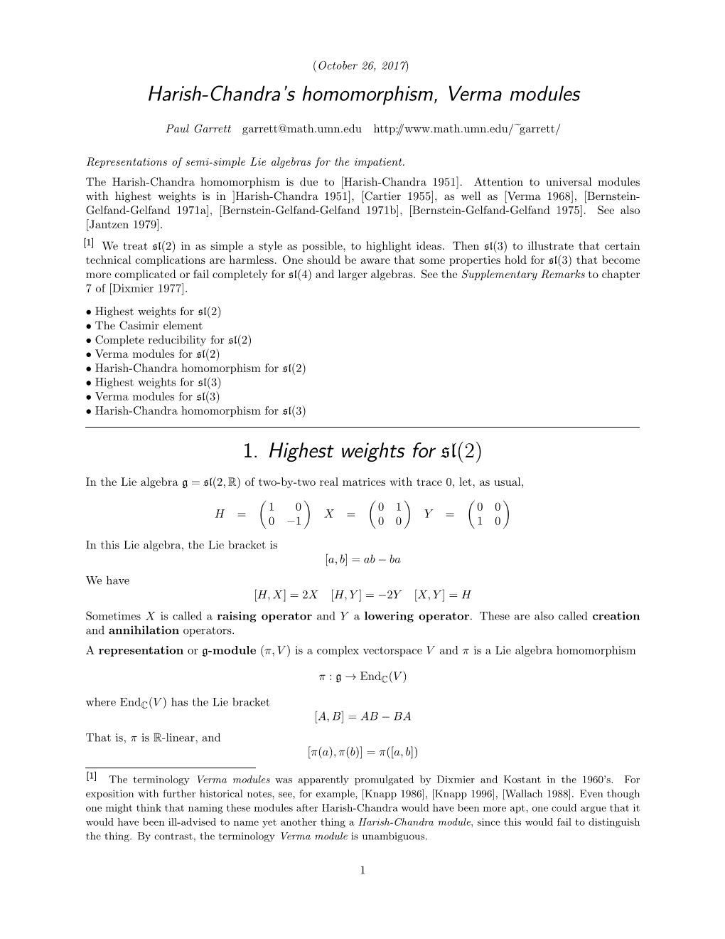 Harish-Chandra's Homomorphism, Verma Modules 1. Highest Weights