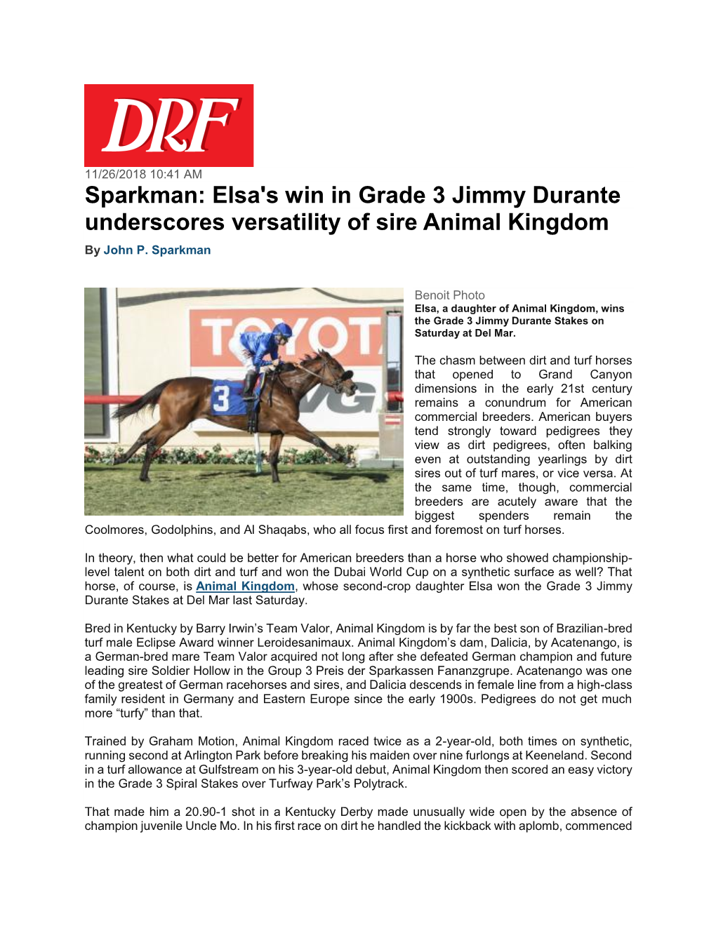 Sparkman: Elsa's Win in Grade 3 Jimmy Durante Underscores Versatility of Sire Animal Kingdom by John P