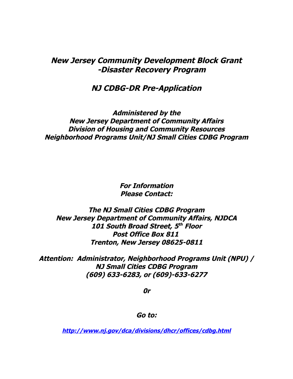 New Jersey Community Development Block Grant -Disaster Recovery Program