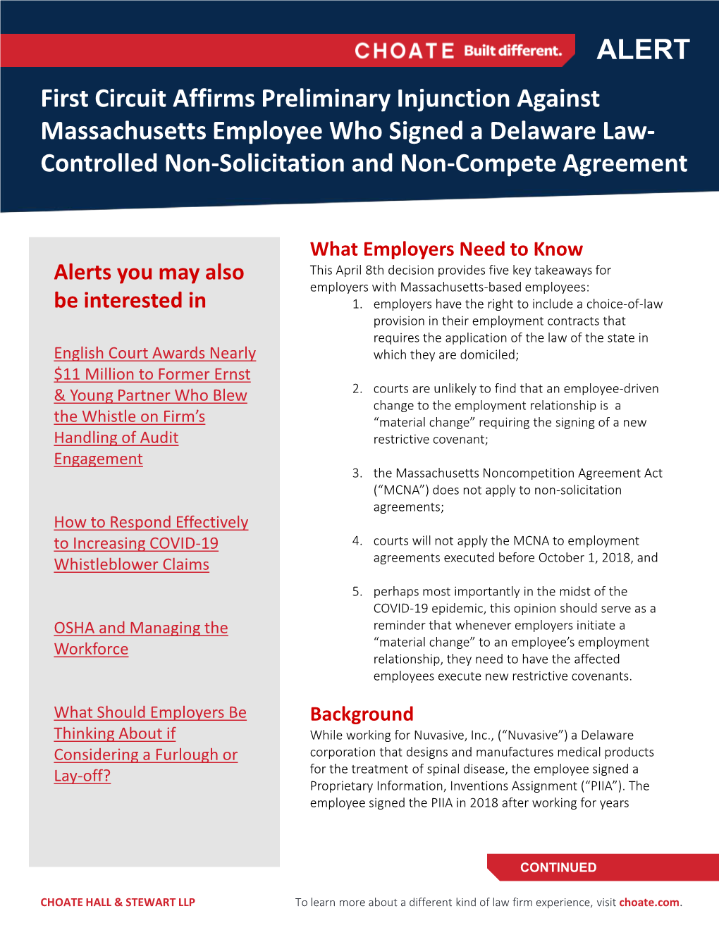 First Circuit Affirms Preliminary Injunction Against Massachusetts Employee Who Signed a Delaware Law- Controlled Non-Solicitation and Non-Compete Agreement