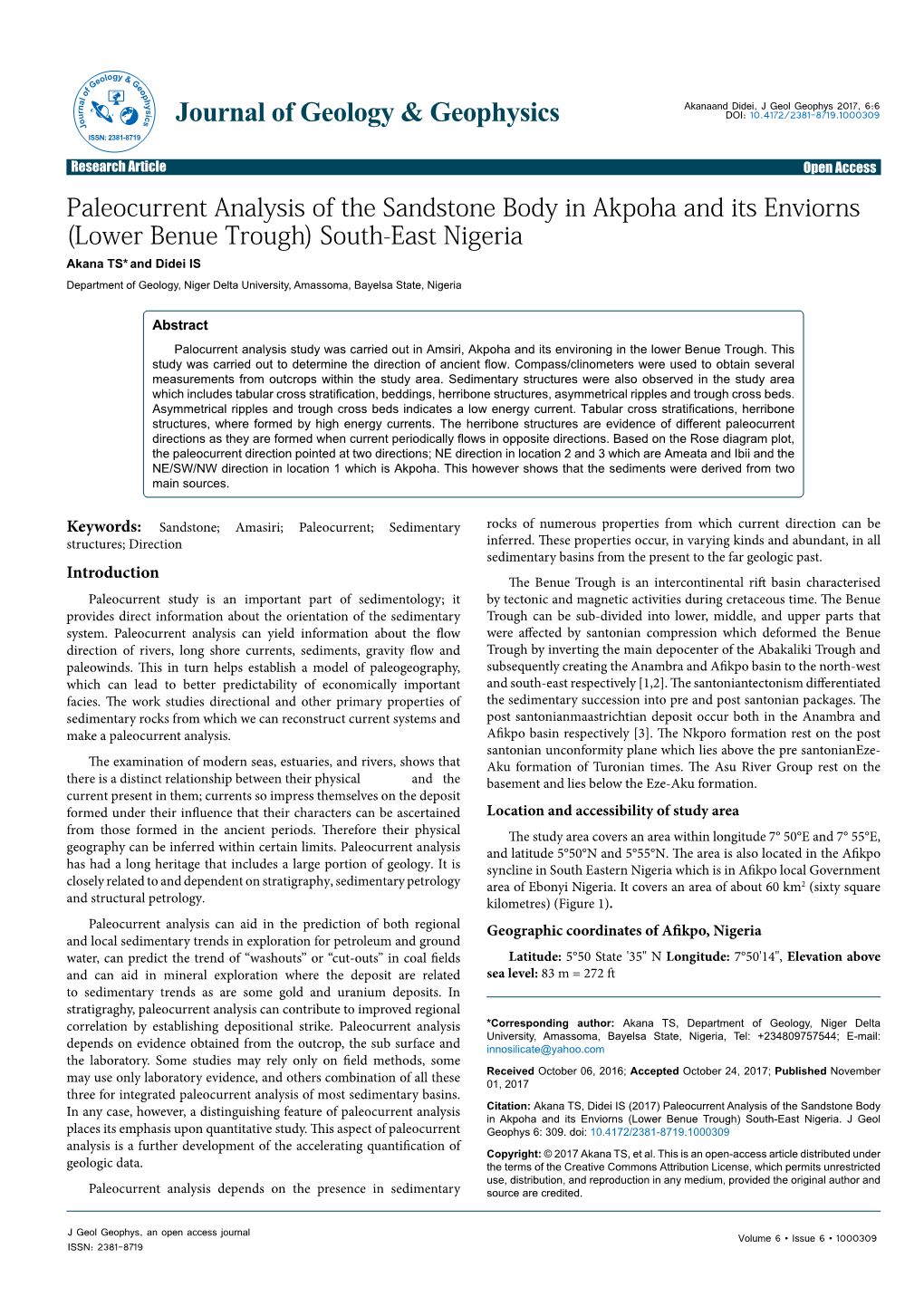 Paleocurrent Analysis of the Sandstone Body in Akpoha and Its