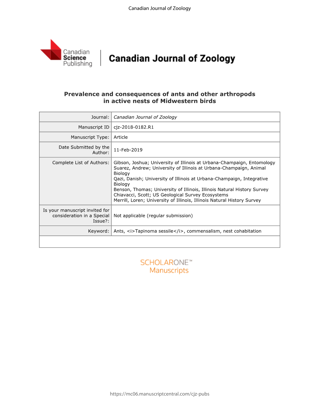 Prevalence and Consequences of Ants and Other Arthropods in Active Nests of Midwestern Birds