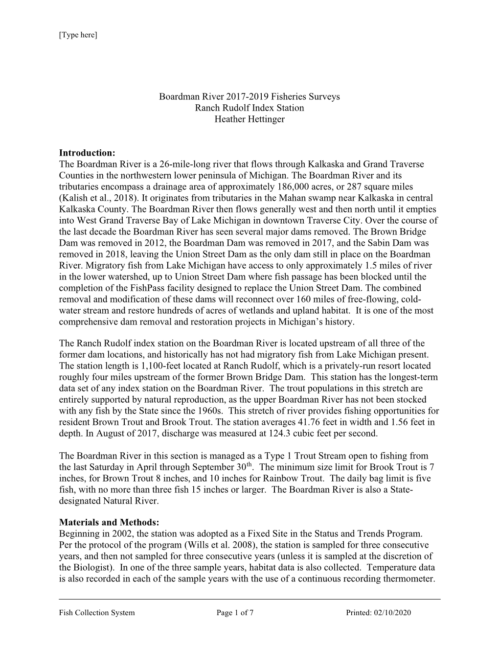 Boardman River 2017-2019 Fisheries Surveys Ranch Rudolf Index Station Heather Hettinger