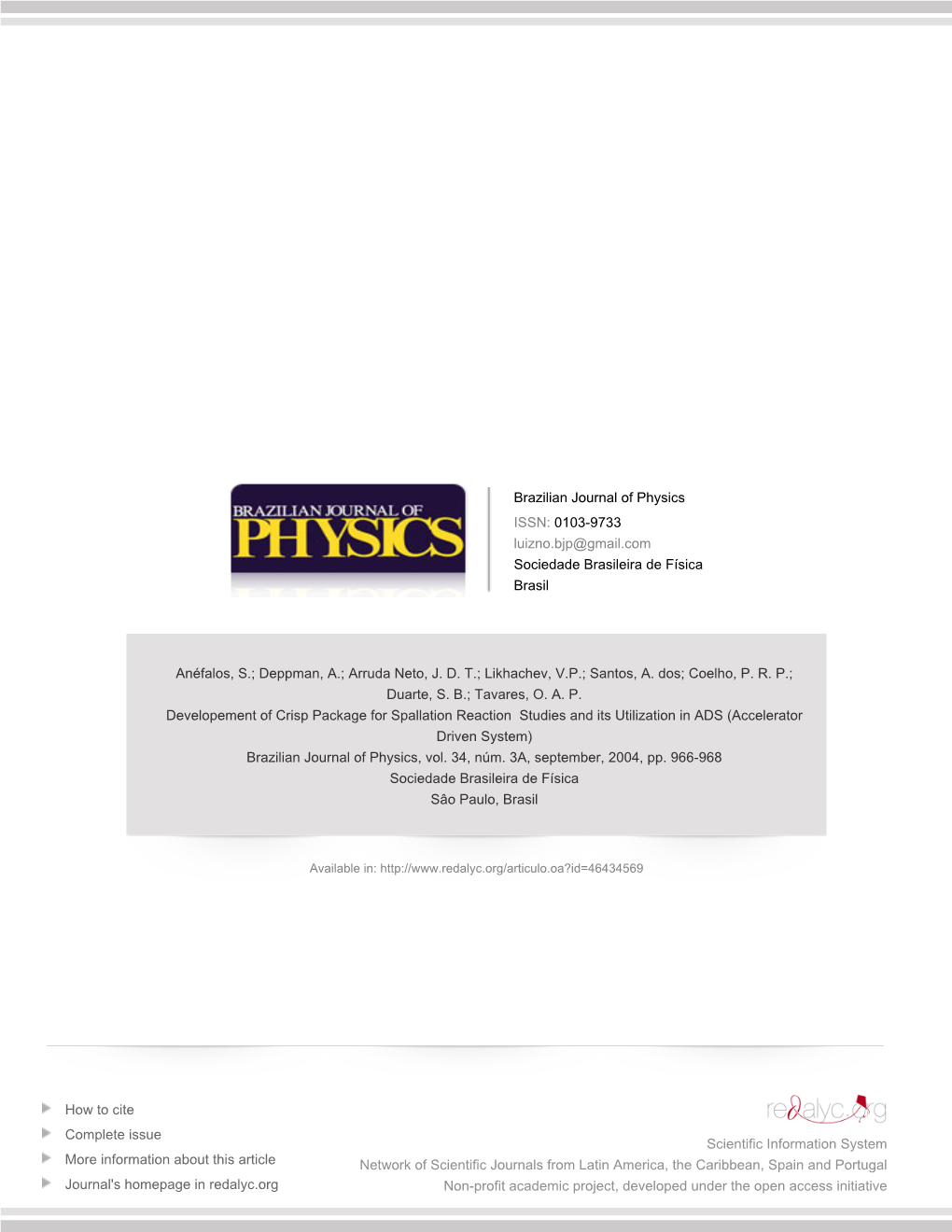 Redalyc.Developement of Crisp Package for Spallation Reaction