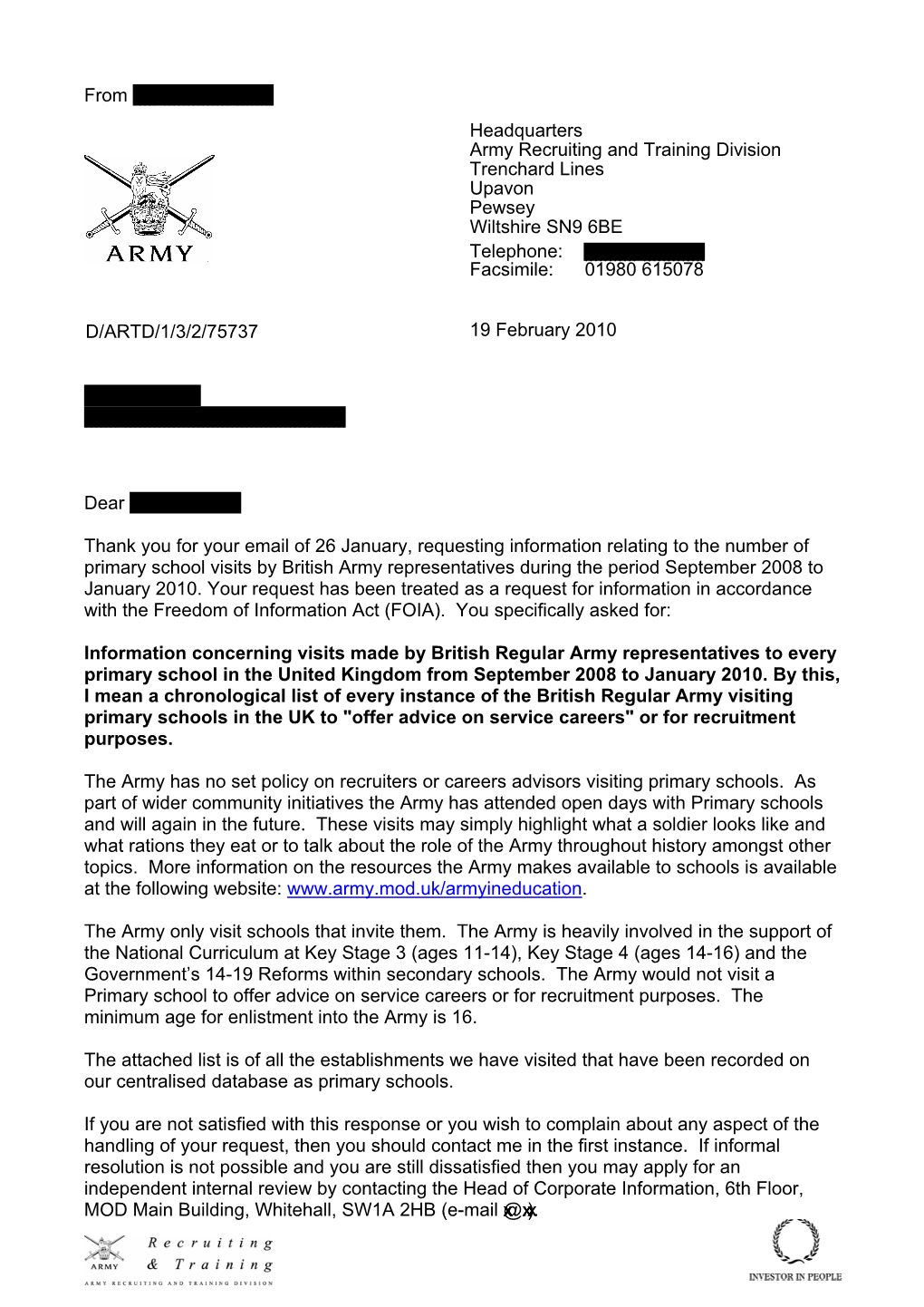 Headquarters Army Recruiting and Training Division Trenchard Lines Upavon Pewsey Wiltshire SN9 6BE Telephone: ||||||||||| ||||||||||||| Facsimile: 01980 615078