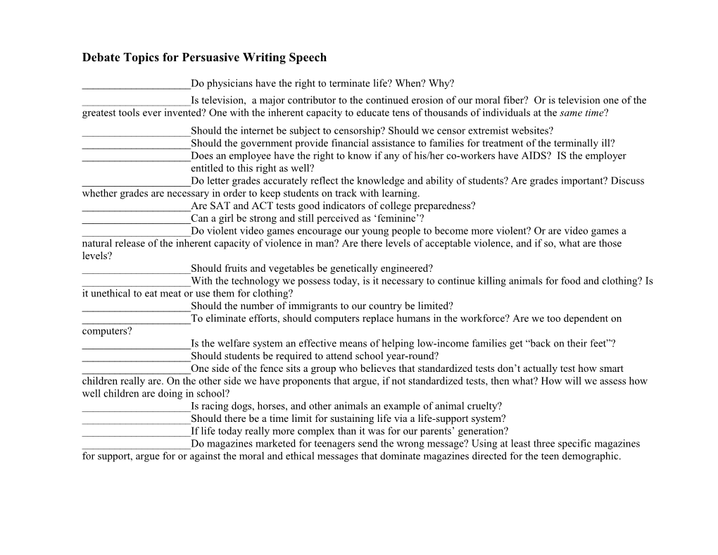 Debate Topics For Persuasive Writing Speech