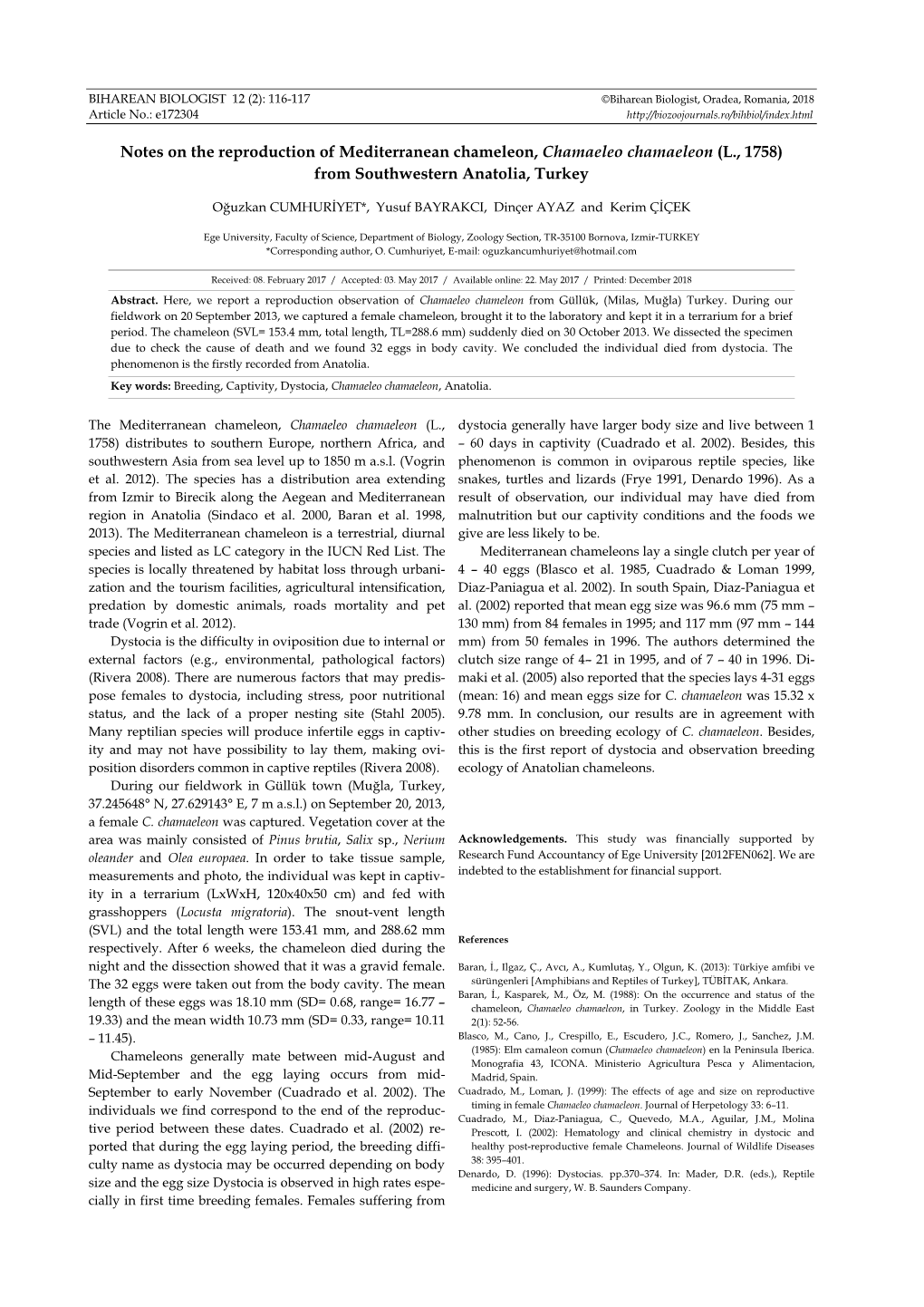 Notes on the Reproduction of Mediterranean Chameleon, Chamaeleo Chamaeleon (L., 1758) from Southwestern Anatolia, Turkey