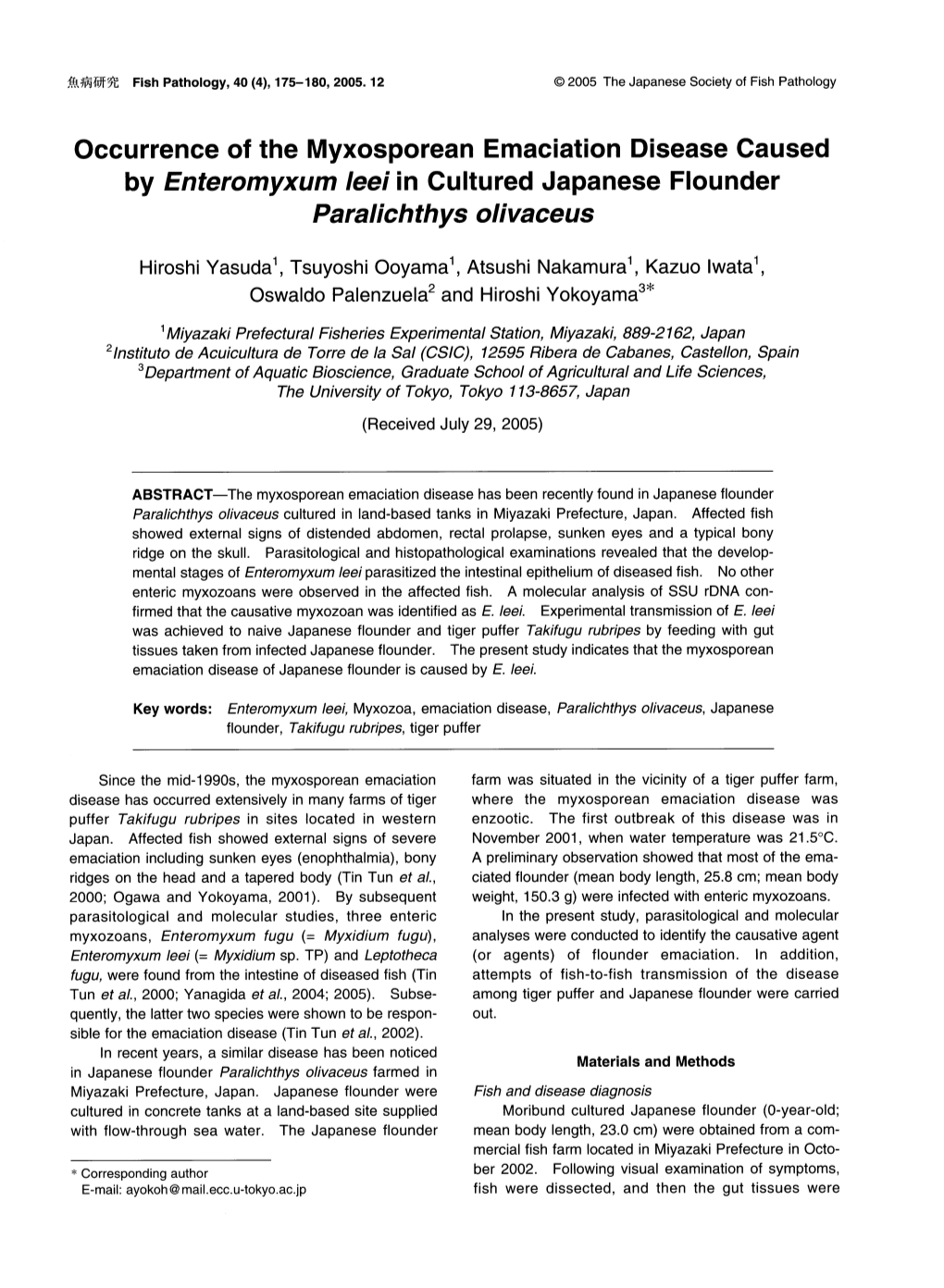 Occurrence of the Myxosporean Emaciation Disease Caused by Enteromyxum Leei in Cultured Japanese Flounder Paralichthys Olivaceus