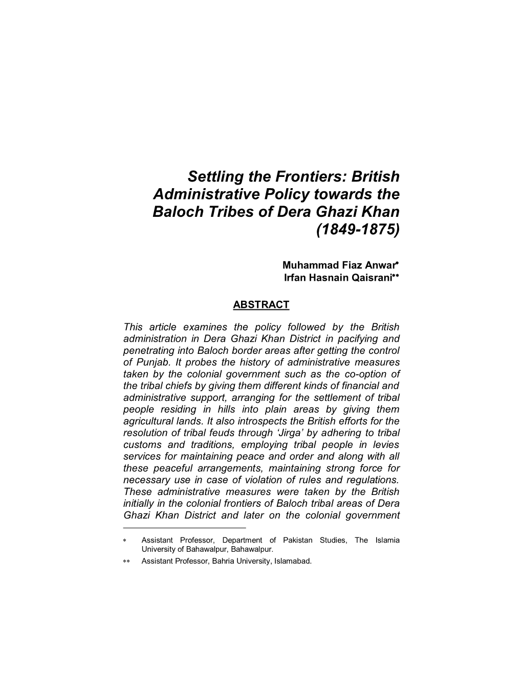 British Administrative Policy Towards the Baloch Tribes of Dera Ghazi Khan (1849-1875)