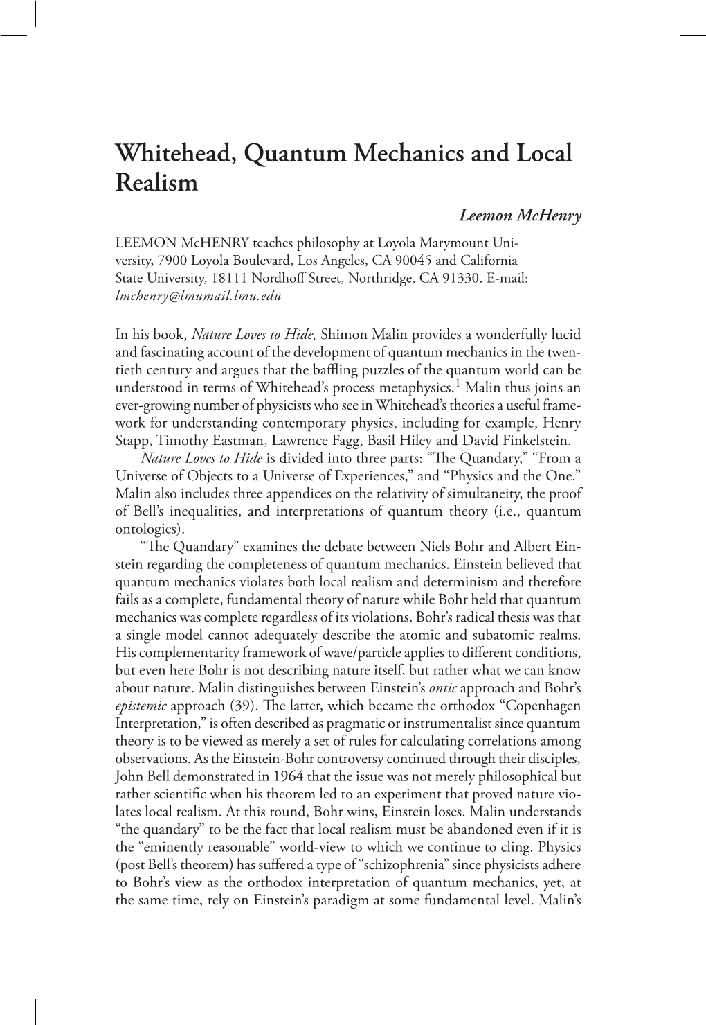 Whitehead, Quantum Mechanics and Local Realism