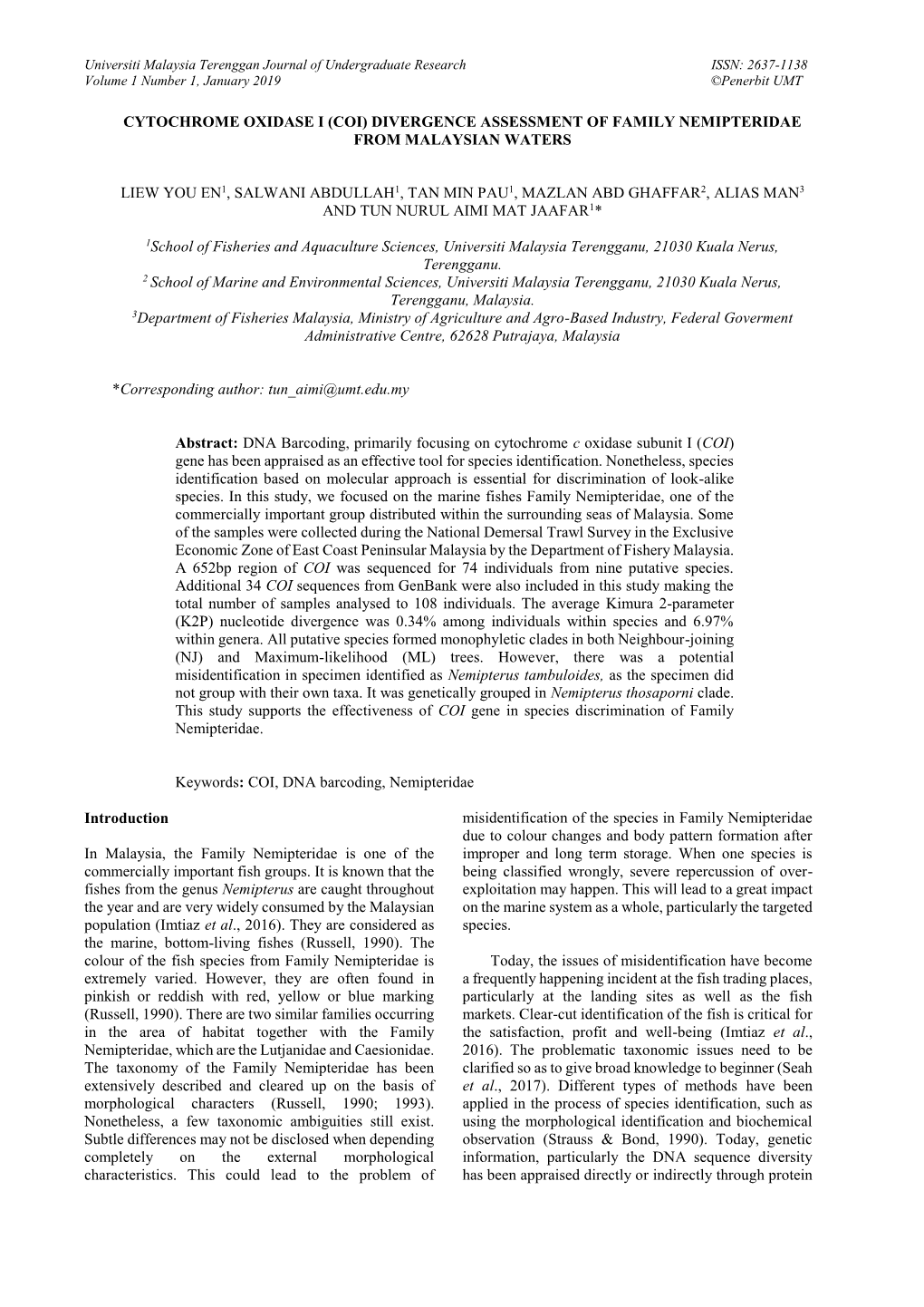 Cytochrome Oxidase I (Coi) Divergence Assessment of Family Nemipteridae from Malaysian Waters