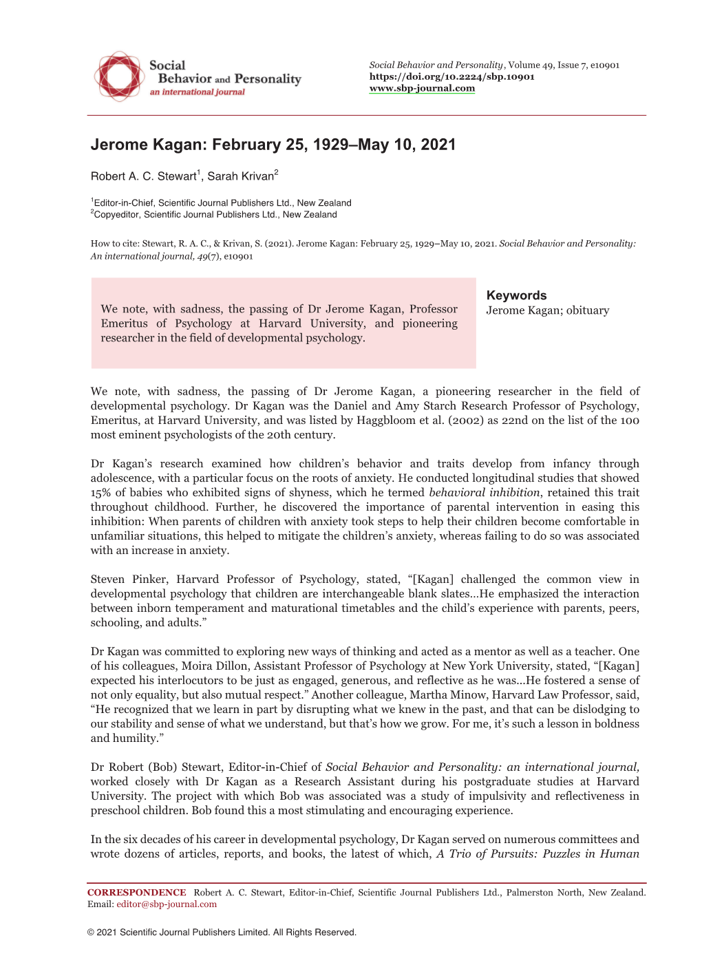 Jerome Kagan: February 25, 1929–May 10, 2021