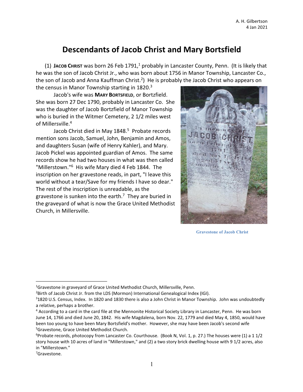 Descendants of Jacob Christ and Mary Bortsfield
