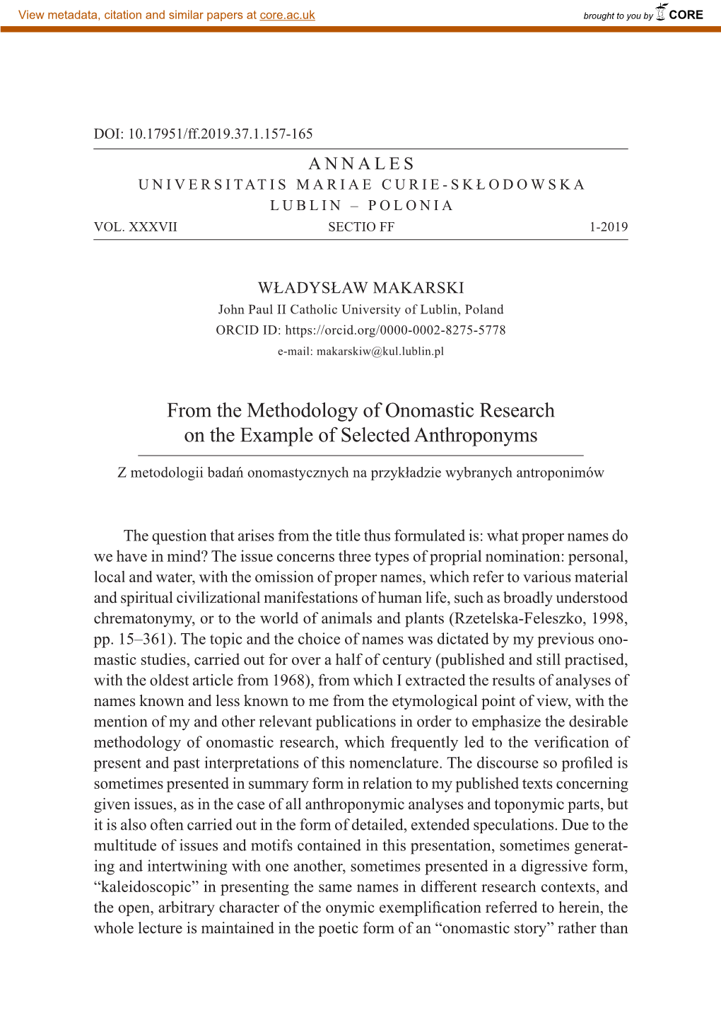 From the Methodology of Onomastic Research on the Example of Selected Anthroponyms