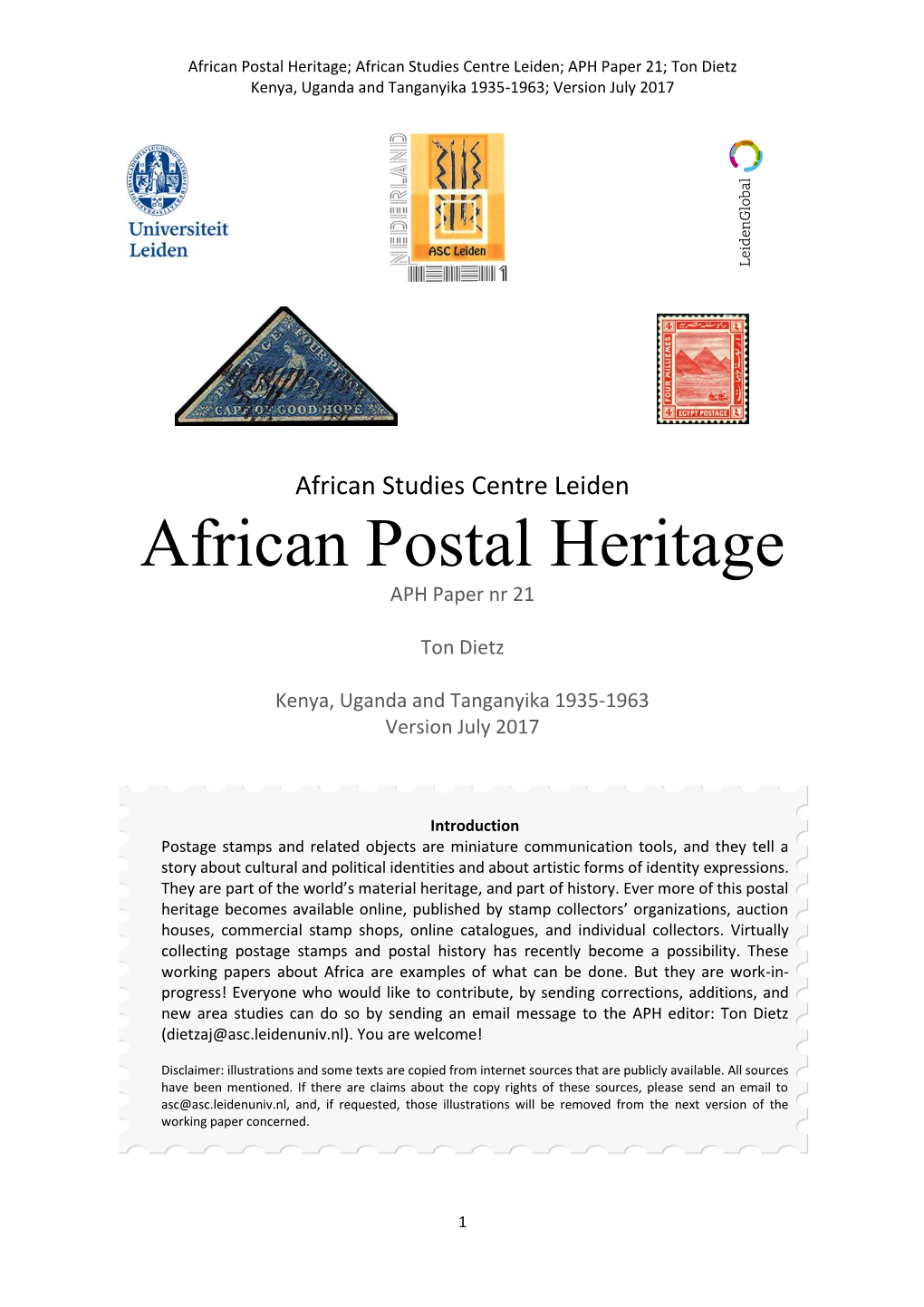 African Postal Heritage; African Studies Centre Leiden; APH Paper 21; Ton Dietz Kenya, Uganda and Tanganyika 1935-1963; Version July 2017
