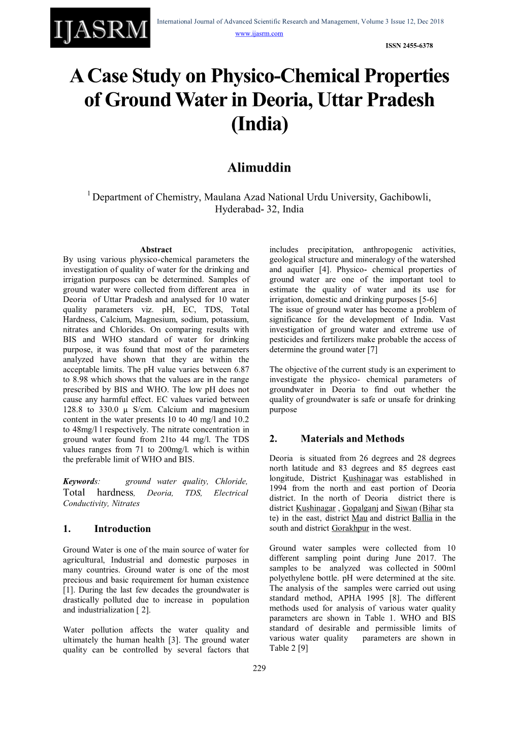 A Case Study on Physico-Chemical Properties of Ground Water in Deoria, Uttar Pradesh (India)