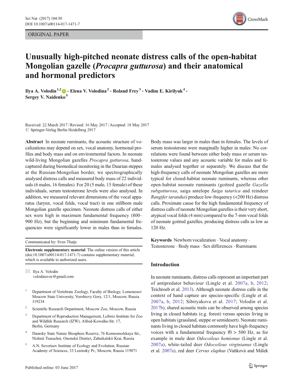 Unusually High-Pitched Neonate Distress Calls of the Open-Habitat Mongolian Gazelle (Procapra Gutturosa) and Their Anatomical and Hormonal Predictors