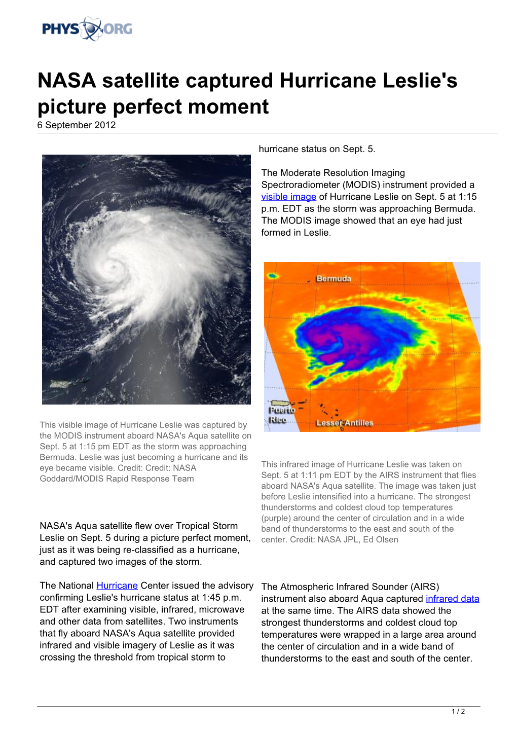 NASA Satellite Captured Hurricane Leslie's Picture Perfect Moment 6 September 2012