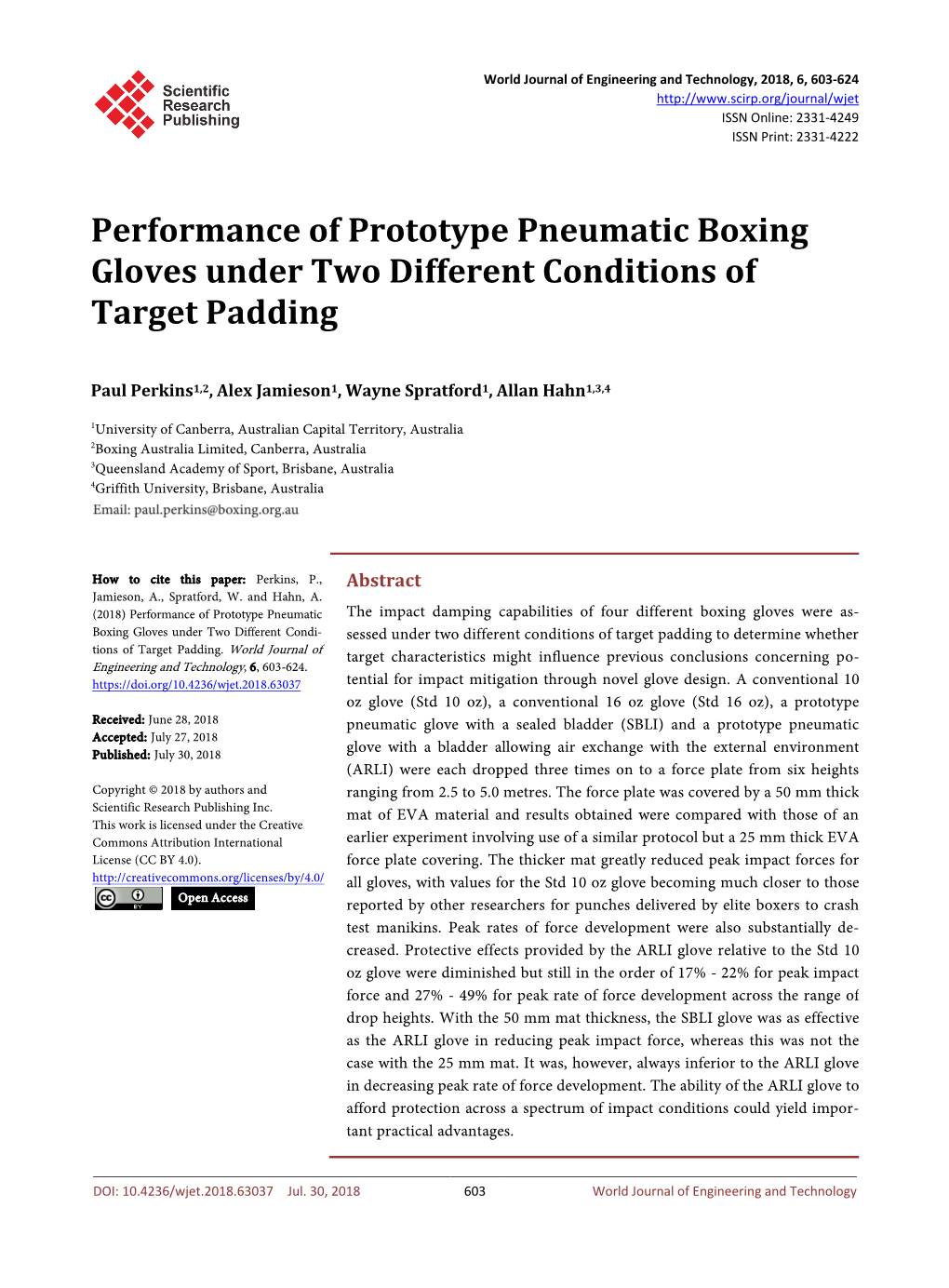 Performance of Prototype Pneumatic Boxing Gloves Under Two Different Conditions of Target Padding