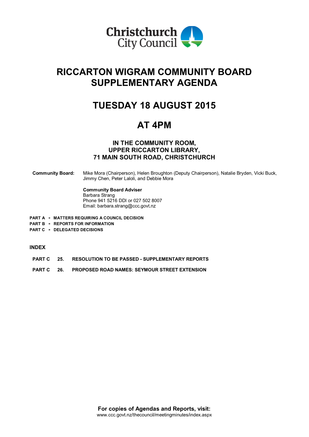 Riccarton Wigram Community Board 18 August 2015 Supplementary