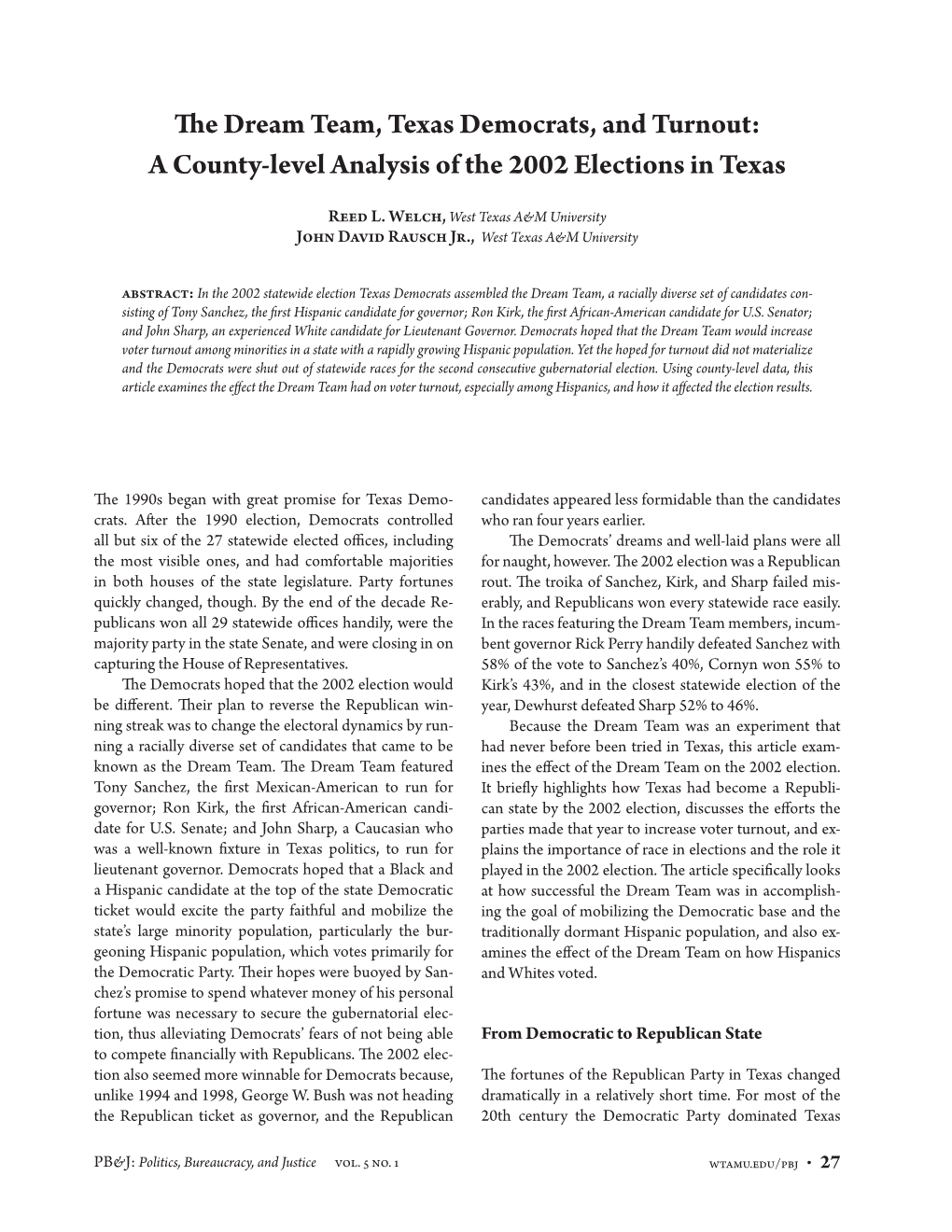 The Dream Team, Texas Democrats, and Turnout: a County-Level Analysis of the 2002 Elections in Texas