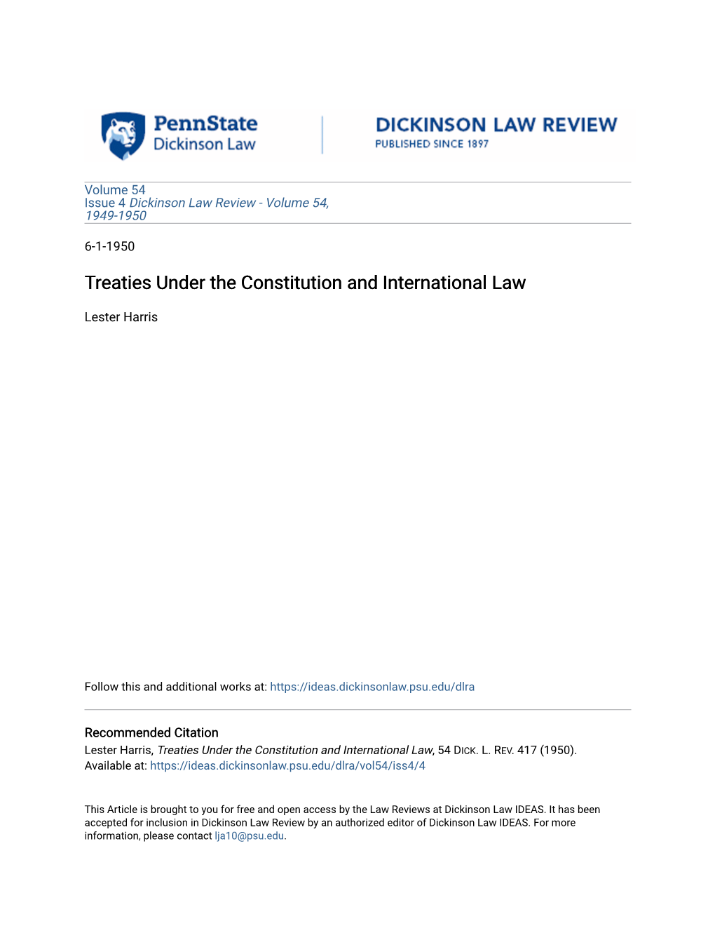 Treaties Under the Constitution and International Law