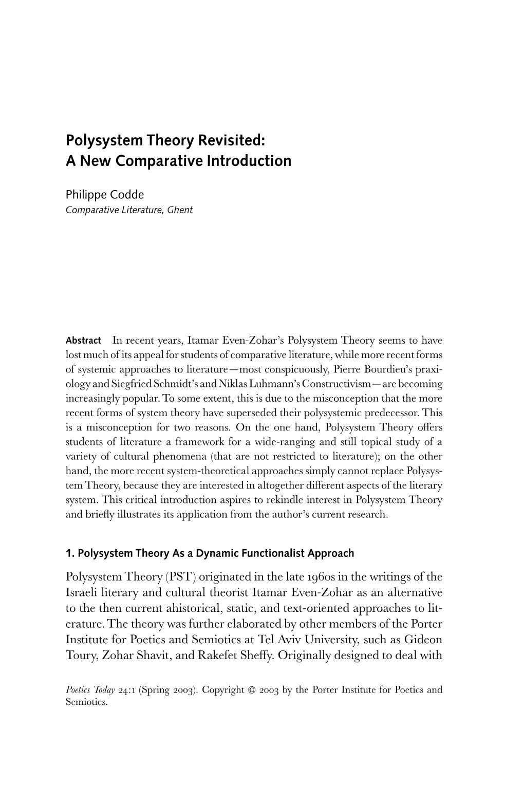 Polysystem Theory Revisited: a New Comparative Introduction