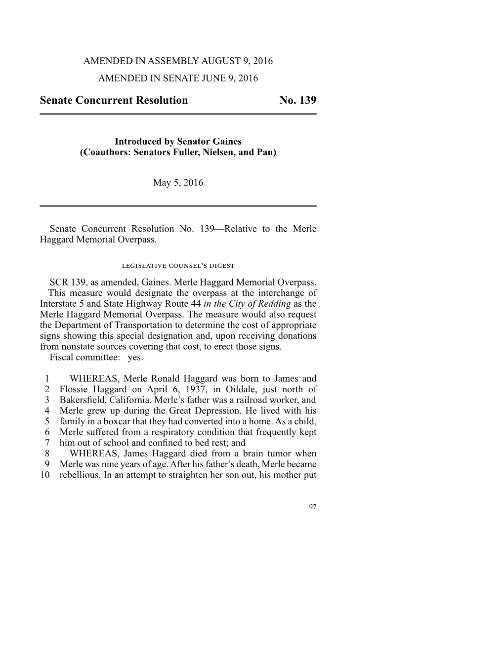 Senate Concurrent Resolution No. 139