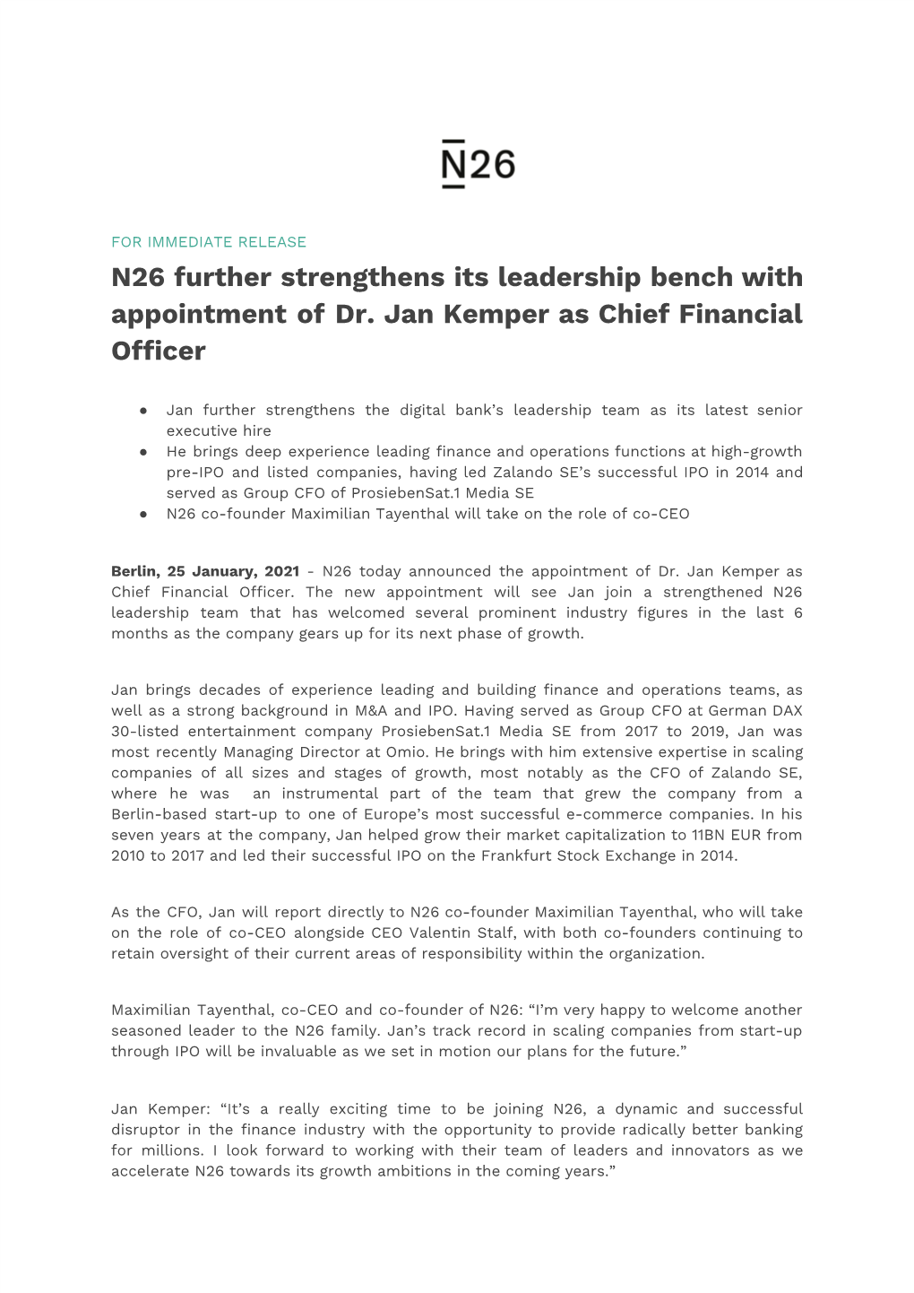 N26 Further Strengthens Its Leadership Bench with Appointment of Dr. Jan Kemper As Chief Financial