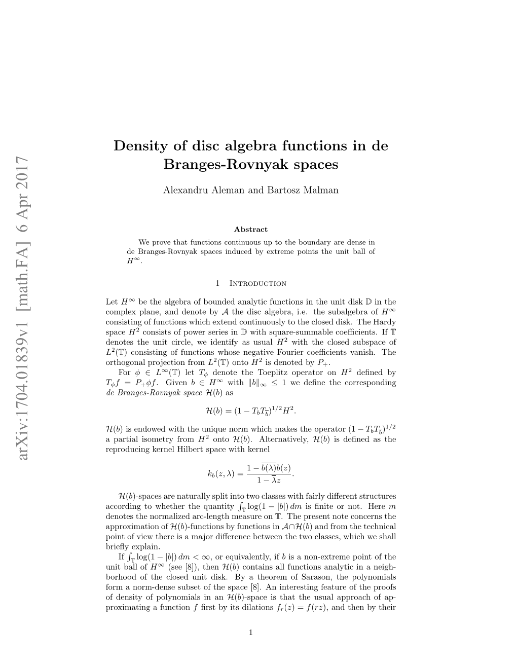 Density of Disc Algebra Functions in De Branges-Rovnyak Spaces