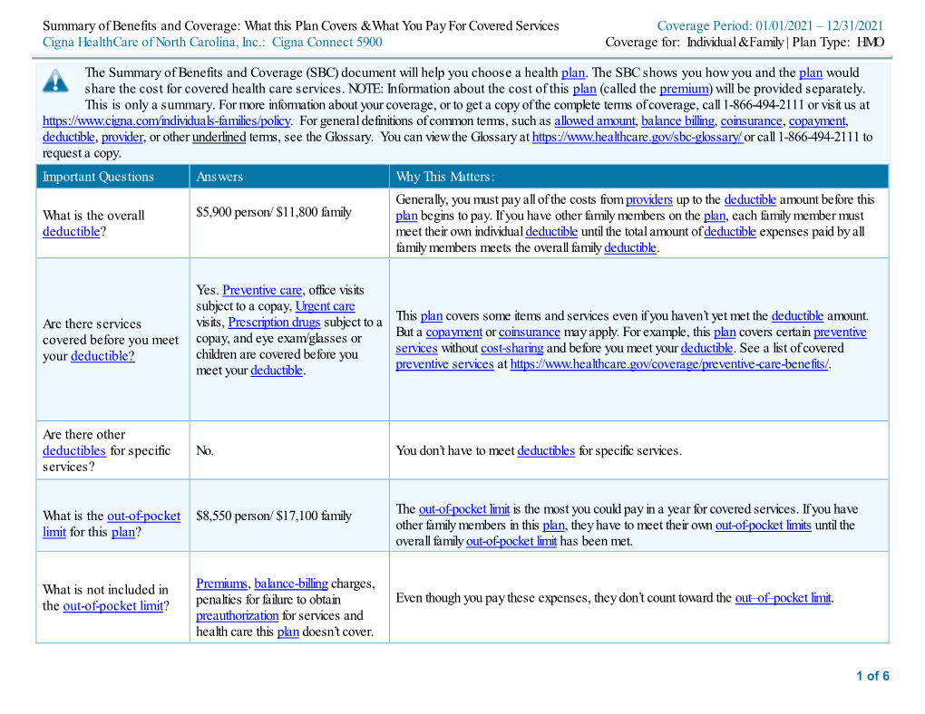 Cigna Connect 5900 Coverage For: Individual & Family | Plan Type: HMO