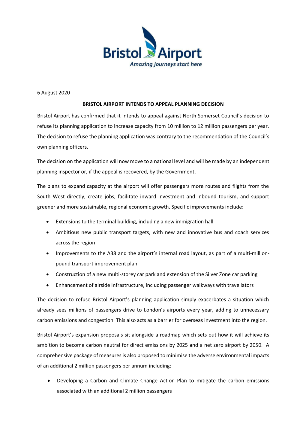 6 August 2020 BRISTOL AIRPORT INTENDS to APPEAL PLANNING