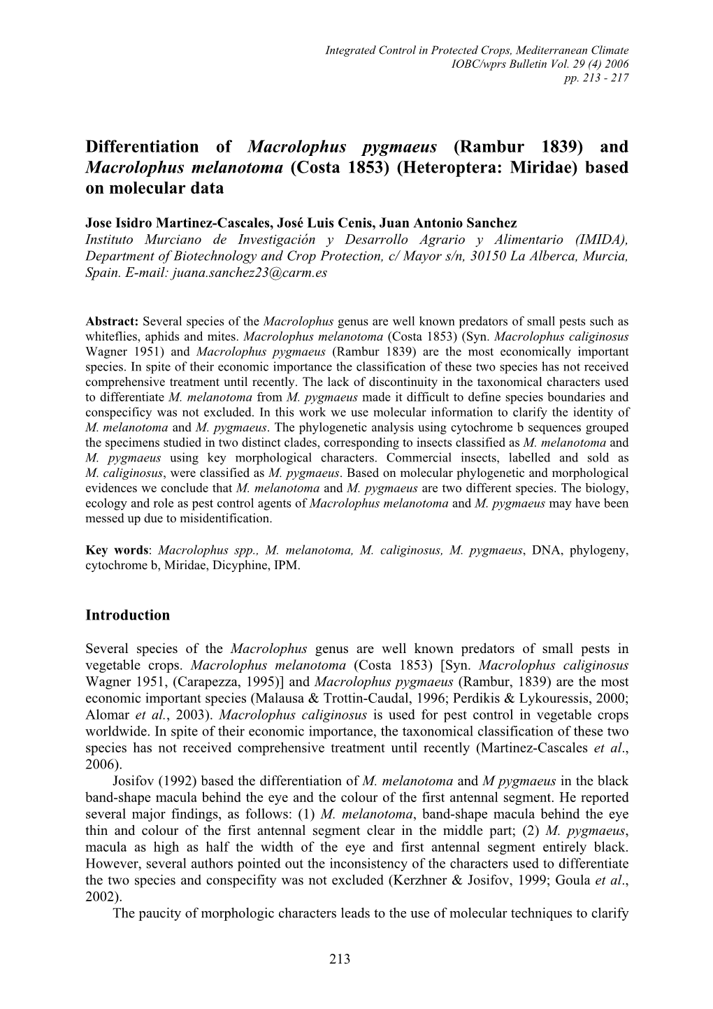 And Macrolophus Melanotoma (Costa 1853) (Heteroptera: Miridae) Based on Molecular Data