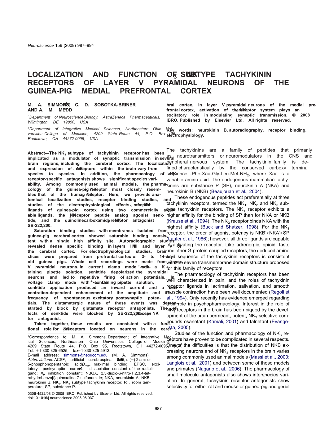 Localization and Function of Nk3 Subtype Tachykinin